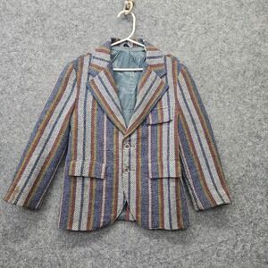 Vintage Blazer Boys XS 5 Blue Gray Stripe Wool Tweed Sports‎ Coat 70s TOWNCRAFT